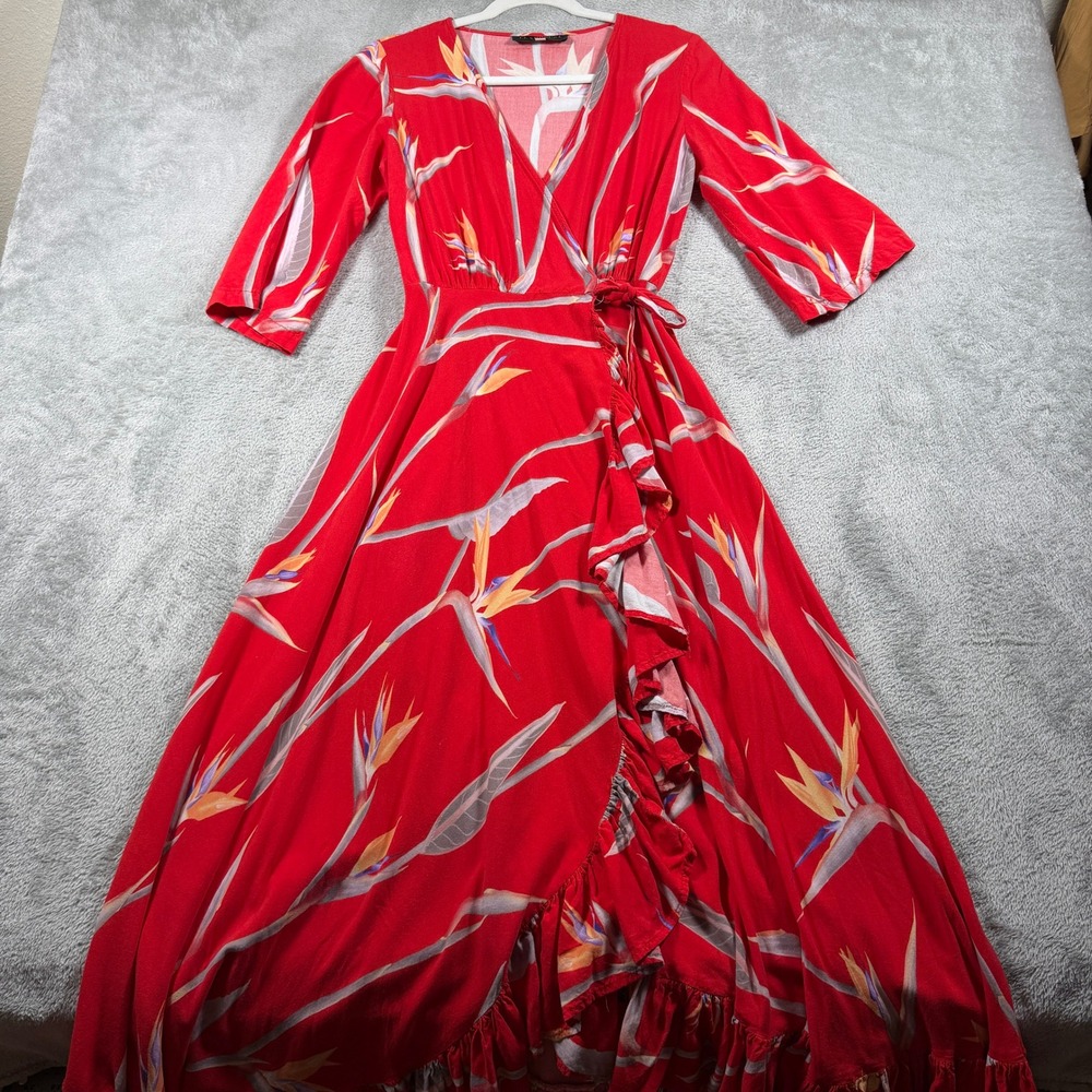 Lexbreezy Hawaii Wrap Dress Women Size M Red Bird of Paradise Floral Ruffle Maxi